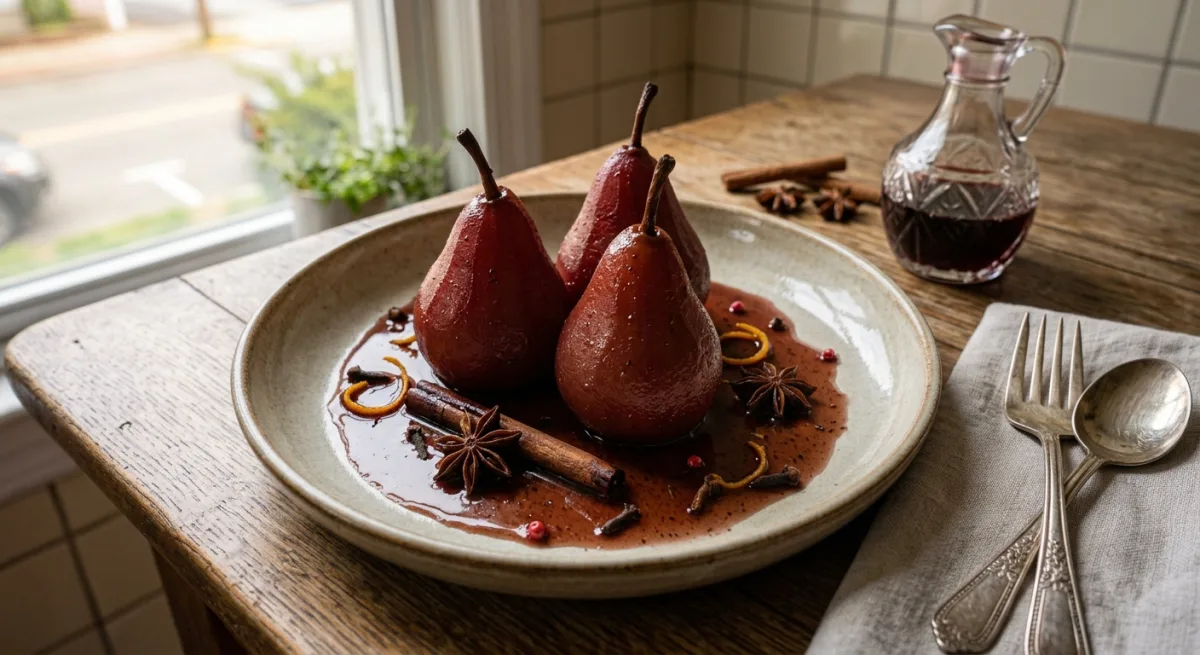 Classic French Poached Pears in Spiced Red Wine